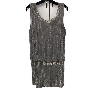 Adrianna Papell Dress 12 Silver Bead Sequin Sleeveless Scoop Neck Mini Lined Zip